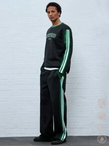 Manfinity VCAY 2pcs Men's Casual Colorblock Striped Letter Print Sweatshirt And Sweatpants Set, Autumn, For Fall Winter