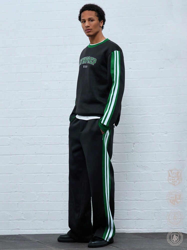 Manfinity VCAY 2 件男士休闲拼色条纹字母印花运动衫和运动裤套装，秋季，适合秋冬 - 彩色 - 查看 2