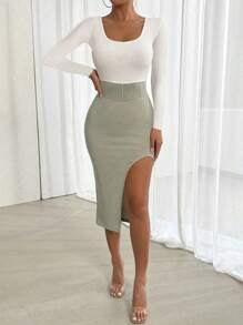 Chiquease Vestido ajustado de tipo 'ajustado' con panel de dos tonos, cintura elástica de punto acanalado de gran elasticidad, abertura alta en la cintura, elegante, para commuter, casual - Verde - Ver 5