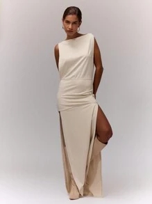 MUSERA Vestido largo elegante de cuello de barco con abertura lateral para primavera, verano, vacaciones, fiesta, boda, despedida de soltera, graduación, baile de graduación - Crema - Ver 4