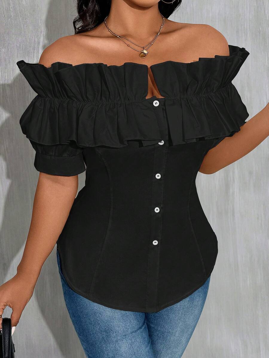 Celure Áo cánh hở vai màu trơn cỡ lớn viền bèo nhún đơn hàng khuy mùa hè - màu đen - Xem 1