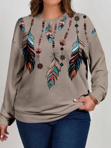 EMERY ROSE Plus Size Women's Autumn/Winter Casual Retro Feather  Pattern Long Sleeve Loose Pullover Sweatshirt