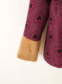Young Girls Digital Print Heart Pattern Thermal Lined Hoodie Jacket With Zipper Closure, Long Sleeve Mid-Length Casual Warm Outerwear, Winter - Burgundy - View 4