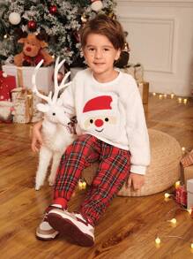 SHEIN Playful Pals 年轻男孩圣诞老人图案羊毛运动衫和格子裤两件套，适合冬季、节日、派对、家庭聚会、居家 - 彩色 - 查看 4