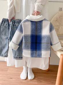 SHEIN Kurtka termiczna w kratę dla chłopców w stylu vintage, ciepła, swobodna, modna, zapinana na guziki, do zabawy w szkole, na zewnątrz i na śniegu