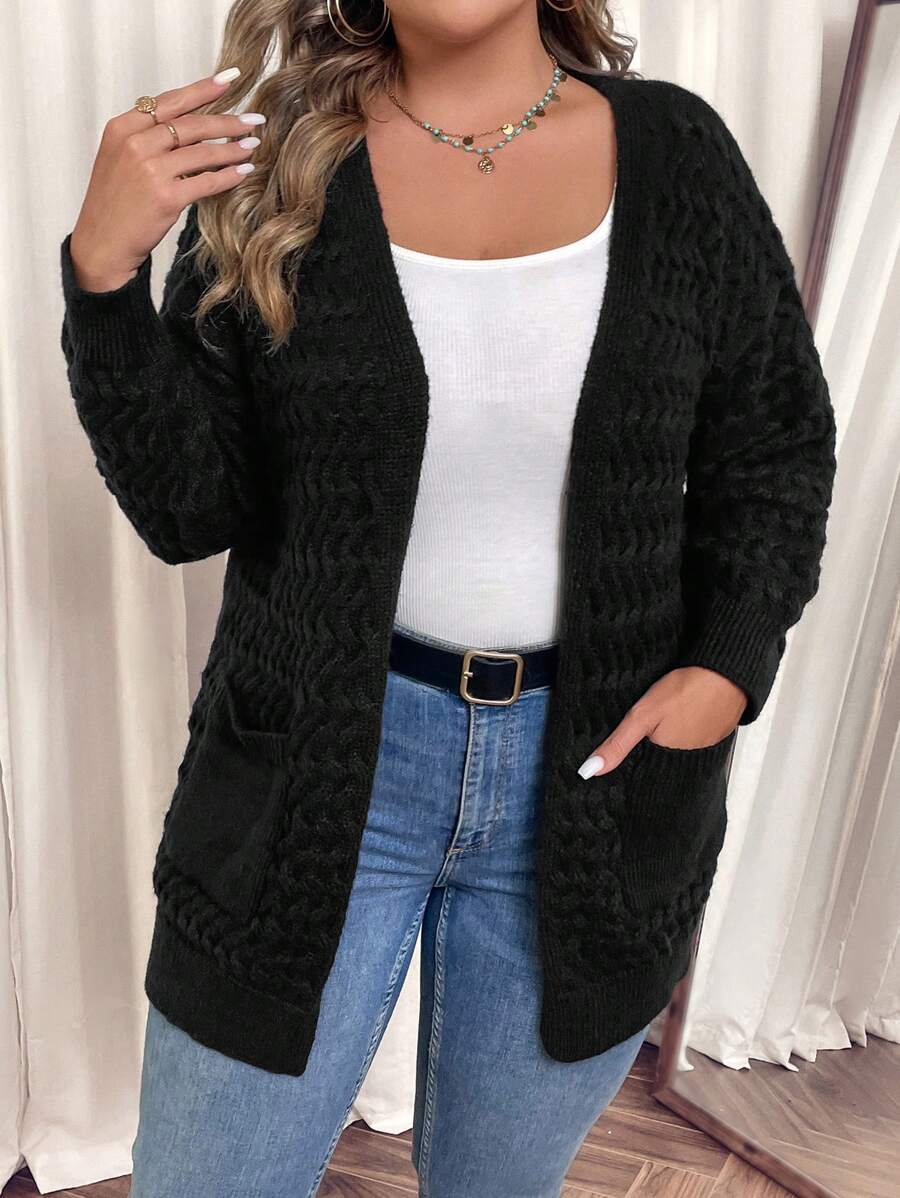 SHEIN VCAY Plus Size Casual Solid Color Cardigan With Dual Pockets, Autumn - Black - View 1