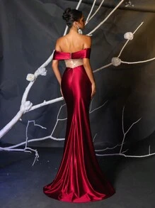 SHEIN Belle 优雅华丽的勃艮第和香槟色可拆卸肩带奢华串珠亮片缝线弹力缎面收腰透视紧身美人鱼下摆适合婚礼活动度假单身派对舞会晚礼服（重工风格）、婚礼活动礼服、正式礼服、婚礼嘉宾、毕业典礼、晚宴 - 紫色 - 查看 3