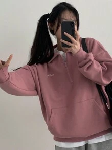 DAZY 女式翻领字母印花半拉链卫衣、长袖上衣、秋季女装 - 粉色 - 查看 7