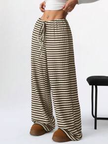 SHEIN EZwear Damskie, Paskowane, Luźne, Proste Spodnie Casualowe