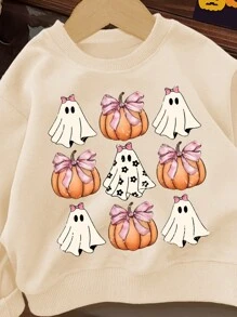 SHEIN Cute Pumpkin Pattern Halloween Baby Girl Knitted Soft Crew Neck Loose Thick Sweatshirt, Suitable For Autumn And Winter