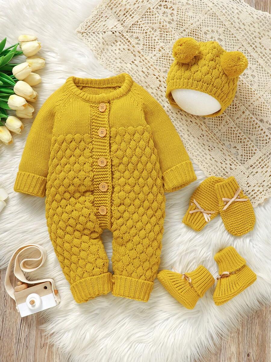 SHEIN Vintaside Kids 女婴纯色圆领插肩袖单排扣休闲针织连体衣，秋冬 - 芥末黃 - 查看 1