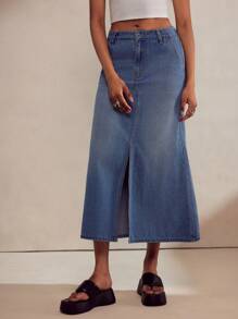 TrendSteals New Autumn/Winter Vintage Washed Denim A-Line Skirt With Front & Back Slit - Blue - View 3