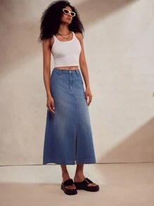 TrendSteals New Autumn/Winter Vintage Washed Denim A-Line Skirt With Front & Back Slit - Blue - View 5