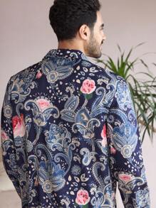 Manfinity ChillVibe Men's Paisley Floral Print Lapel Neck Single Breasted Long Sleeve Top And Pants Loungewear Set - Multicolor - View 2