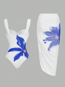 Swim Oasis 女士花卉印花细肩带连体泳衣，带荷叶边罩衫和裙子，夏季海滩度假胜地' - 彩色 - 查看 2