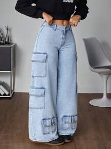 SHEIN ICON 女式多口袋宽腿宽松休闲牛仔裤 - 霧霾藍 - 查看 1