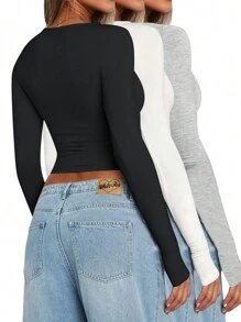 INAWLY Solva Áo thun nữ cổ tròn tay dài nhún bèo, mùa xuân và mùa hè - Nhiều màu - Xem 3