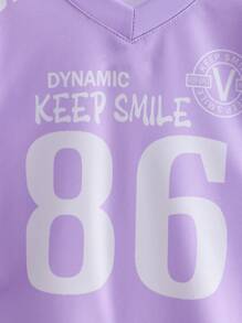 女婴休闲 V 领冰球服，透气字母印花运动服 - 紫色 - 查看 3