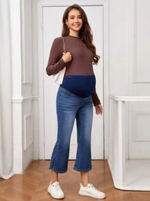 SHEIN Maternity Colorblock High Waist Flare Leg Jeans - Dark Wash - View 2