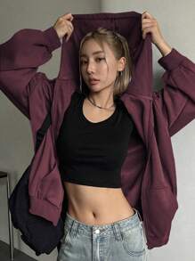 DAZY Áo khoác nữ dáng dài, vai rớt, khóa kéo phía trước, có mũ, kiểu dáng thường ngày, chất liệu trơn, tay dài, có lớp lót giữ nhiệt. - Màu Đỏ Sâu - Xem 2