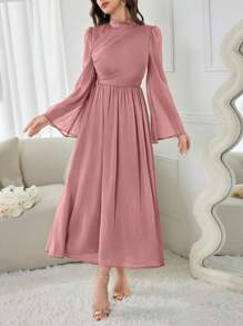 Modelyn 女士优雅纯色喇叭袖长款秋季连衣裙，春季长款晚礼服 - 粉色 - 查看 5