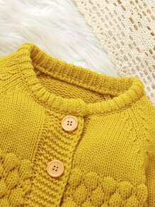 SHEIN Vintaside Kids 女婴纯色圆领插肩袖单排扣休闲针织连体衣，秋冬 - 芥末黃 - 查看 3