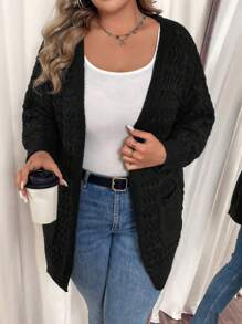 SHEIN VCAY Plus Size Casual Solid Color Cardigan With Dual Pockets, Autumn - Black - View 4