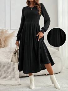 EMERY ROSE Women Spring & Summer Fall Solid Color Round Neck Long Sleeve Rib Casual Midi Winter Autumn Dress
