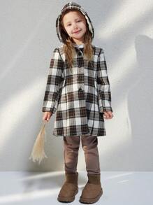 Blossori Young Girls Elegant Brown Plaid Woven Loose Long Sleeve Coat, Autumn Winter - Brown - View 8