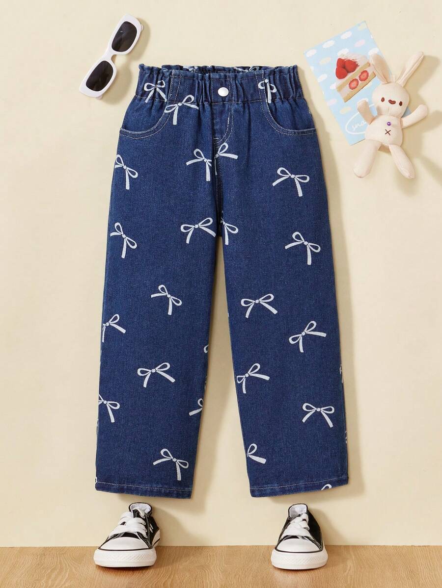 SHEIN Young Girls Casual Straight Leg Printed Denim Jeans - Dark Wash - View 1