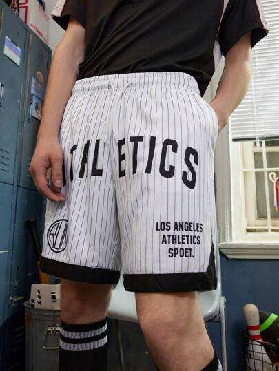 Football Boyfriend Style Men's Striped Letter Print Draw String Waist Sports Shorts Sweat Pants
