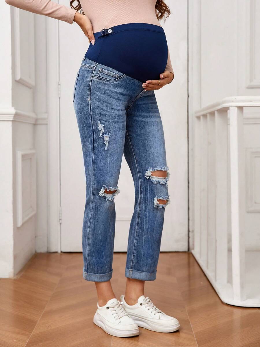 SHEIN Maternity Adjustable Waist Distressed Flared Casual Jeans - Medium Wash - View 1