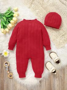 Baby Boy Solid Color Knitted Jumpsuit, Fall & Winter - Red - View 2
