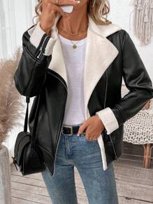 SHEIN LUNE Women Casual Solid PU & Fuzzy Lining Jacket, Autumn & Winter - Black and White - View 4