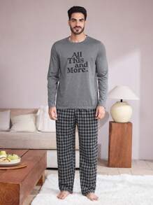 2 stuks heren ronde hals letter print lange mouwen top en geruite zak lange broek nachtkleding set