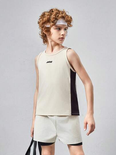 SHEIN Tween Boy Knitted Color Block Letter Printed Tank Top And Anti-Chafing Sports Shorts Set