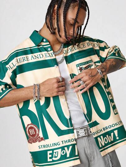 AXEPEAK 男士时尚数码印花宽松短袖梭织衬衫，适合夏季外出，送给男朋友的礼物，街头风格