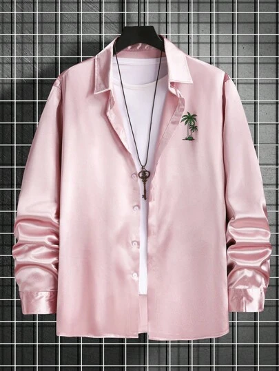 Manfinity Homme Camisa casual de hombre con estampado de árbol de coco para primavera y otoño, camisa de manga larga, ropa de hombre para otoño, camisa básica de unicolor cómoda y versátil, camisa rosa