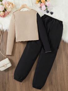 SHEIN 2 件套青少年女孩撞色圆领长袖 T 恤和工装裤休闲装，春夏 - 黑色 - 查看 2