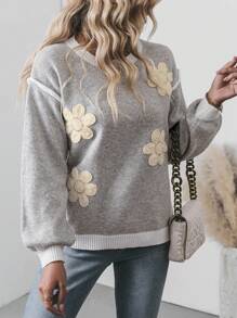 Chiquease Women's 3D Floral Pattern Crew Neck Sweater, Knit Pullover Fall Winter - Grey - View 6