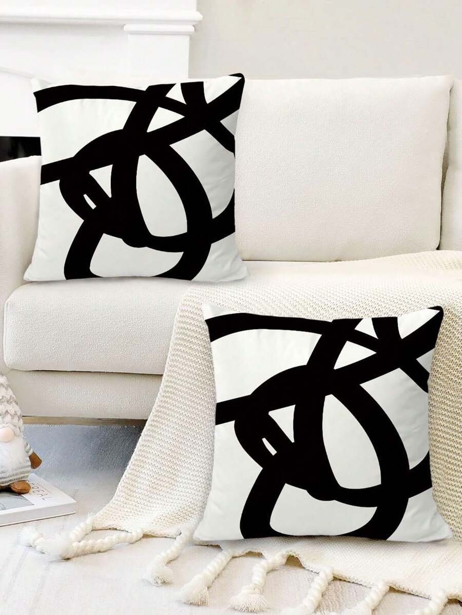 SHEIN 2pcs 18x18 Inch Black And White Peach Skin Velvet Pillow Covers, Abstract Art Cushion Covers, Decorative Pillowcases Suitable For Indoor And Outdoor, Use On Sofa Sofa Bed Home Christmas For Holiday Gift Giving