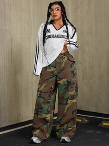 SHEIN ICON Plus Size Women Wide Leg Loose Washed Camouflage Cargo Denim Pants