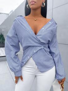 SOLERSUN Women's Striped Print Button Front Shirt,Asymmetrical Hem ,Batwing Sleeve,Wrap Blouse,Fall Outfits,Long Sleeve,Winter Clothing,Elegant,Daily Commuting,Going Our,Casual,Long Sleeve Tops