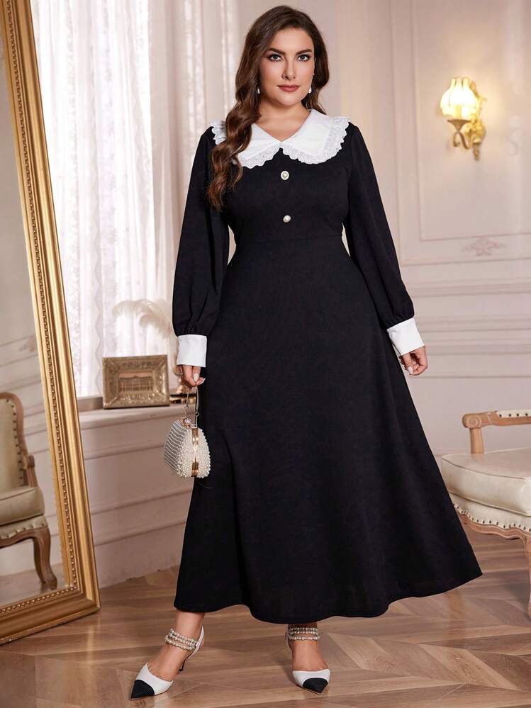 Modelyn Plus Size Women's Colorblock Peter Pan Collar Long Sleeve Long  Elegant Dress, Spring/Summer, Elegant Vintage A Line Dresses, For Evening  Party/Wedding Guest/Anniversary Maxi Women Outfit Long Evening Dresses |  SHEIN EUQS