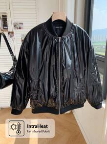 Comfortcana Black Zip Up Quilted Lined Baseball Collar Winter Coat - Black - View 1