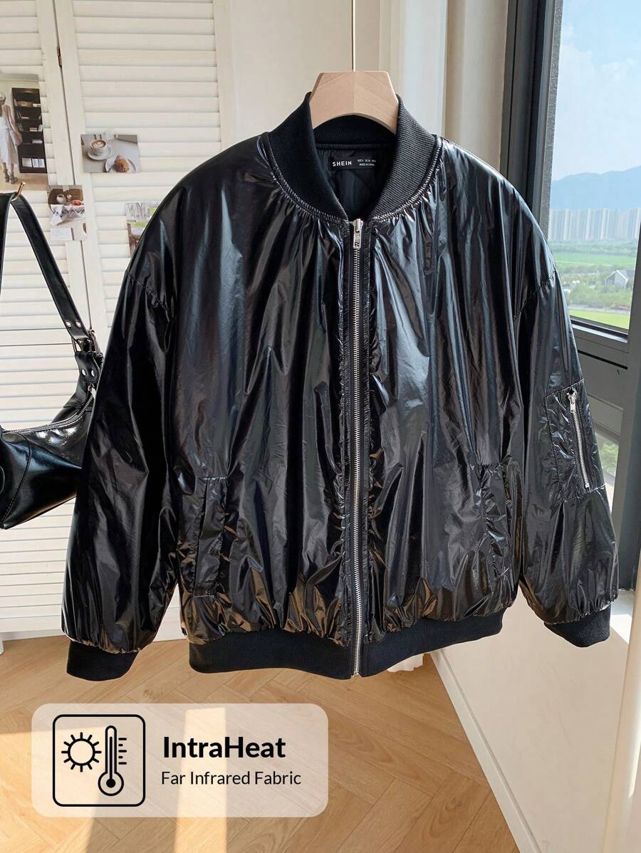 Comfortcana Black Zip Up Quilted Lined Baseball Collar Winter Coat - Black - View 1