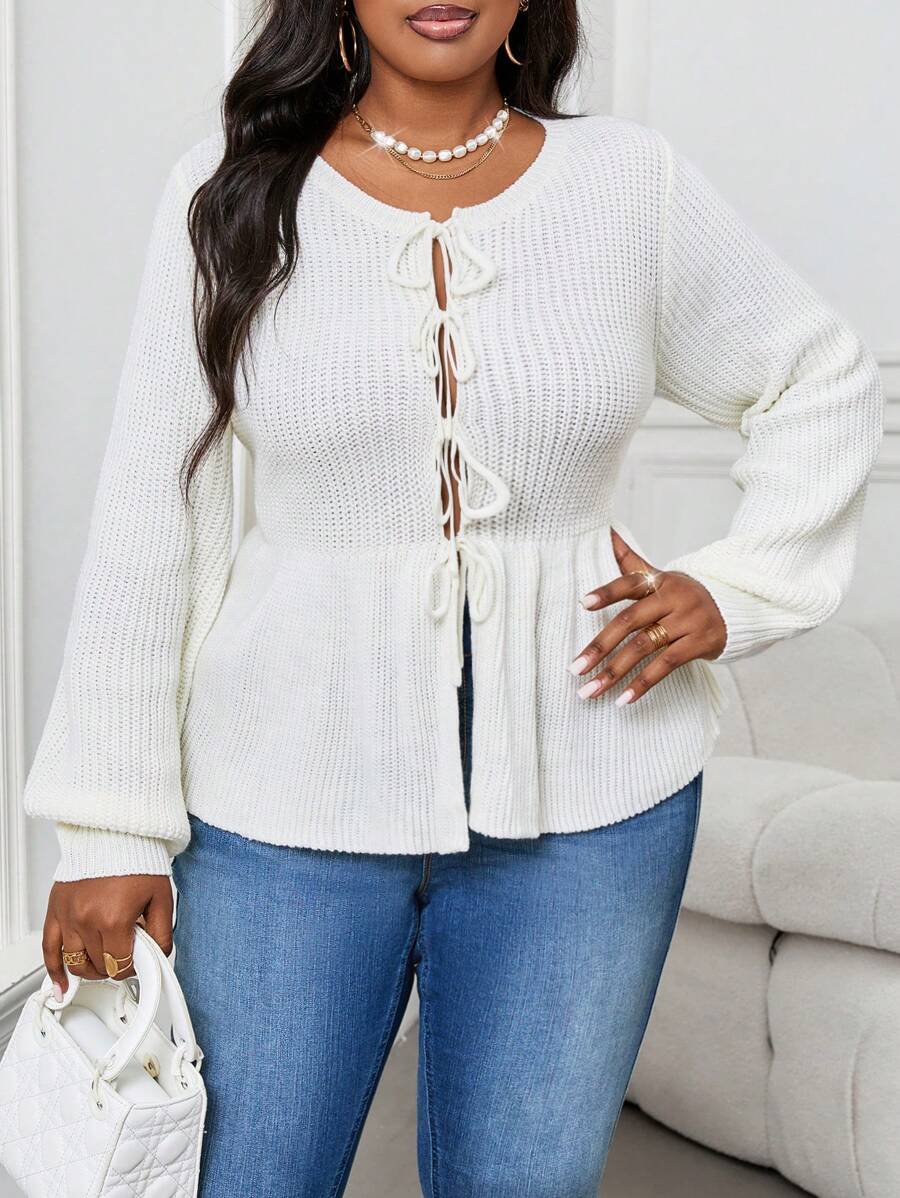 SHEIN Lady Autumn And Winter Elegant White  Worsted Round Neck Flared Bow Front Long Sleeve Plus Size Sweaters - White - View 1
