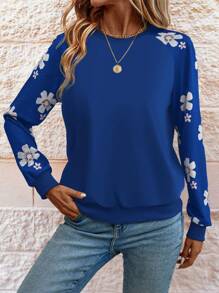 SHEIN LUNE Áo nỉ tay raglan họa tiết hoa cúc đơn giản màu xám, mùa thu - Xanh đậm - Xem 6