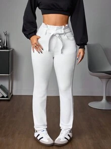 SHEIN Tall Women Casual Elastic Waist Tie Front Pocket Skinny Jeans