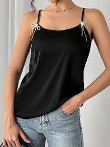 Chiquease Shiny Satin Crystal Bowknot Decor Camisole